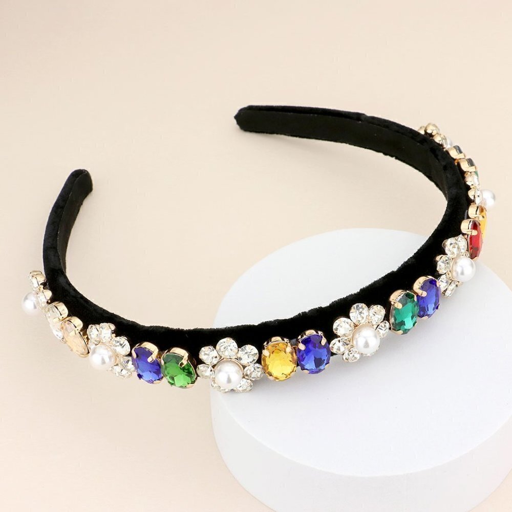 NEW Blue Green Yellow Stone Pearl Embellished Flower Velvet Headband